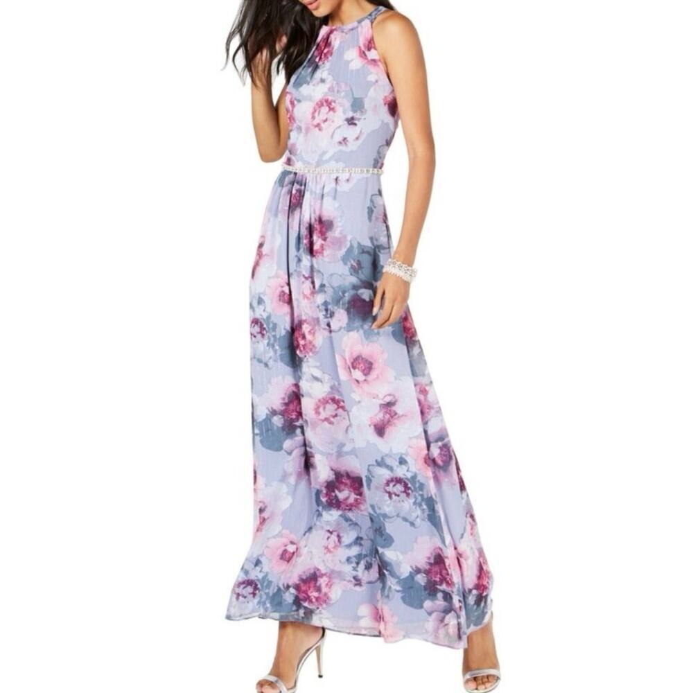 SLNY Floral Romantic Faux-Pearl Rhinestone Trim Maxi Sleeveless Dress - 12 - NWT